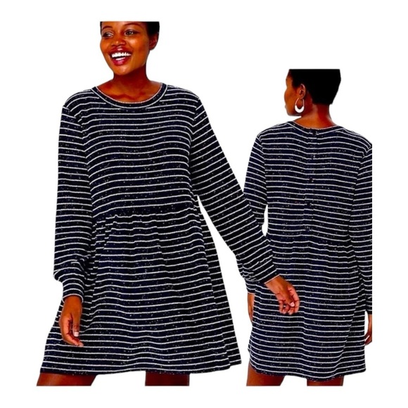 LOFT Striped Button Back Swing Dress in Navy Multi Color Specks & Metallic - Picture 1 of 15